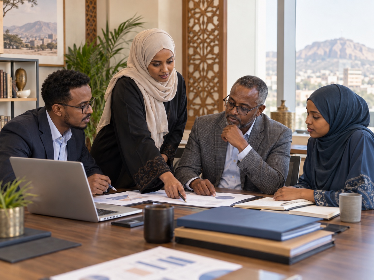 Somali corporate advisers reviewing client documentation